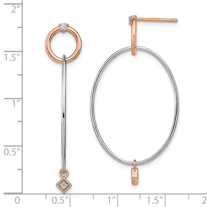 Sterling Silver Rose Gold Plated Rhd Plat Cz Post Dangle Earrings