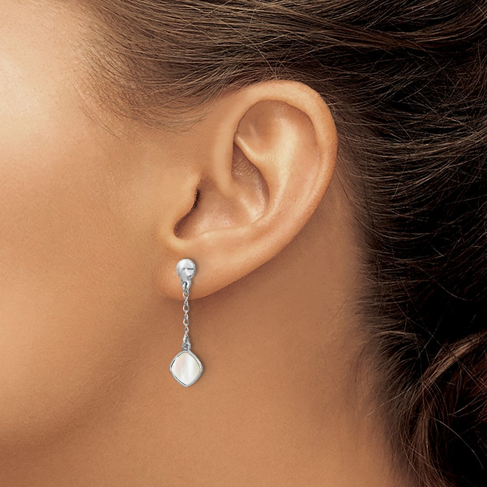 Sterling Silver Rhodium Plated Mother Of Pearl Post Dangle Earring