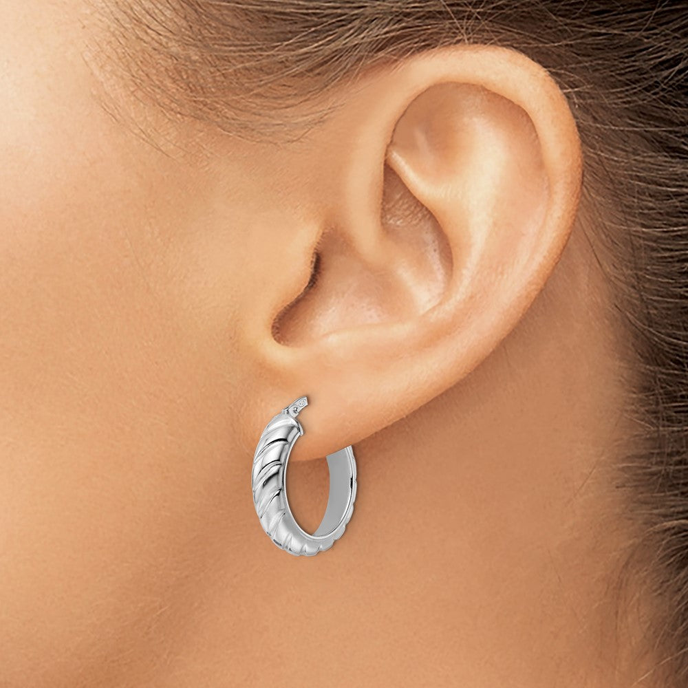 Sterling Silver Rhod Plated Polished Textured Hoop Earrings