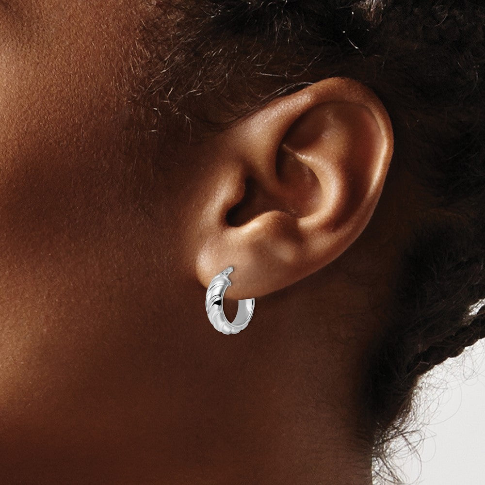 Sterling Silver Rhod Plated Polished Textured Hoop Earrings