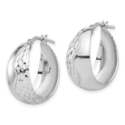 Sterling Silver Rhodium Plated Polished And Textured Hoop Earrings