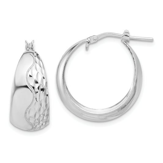 Sterling Silver Rhodium Plated Polished And Textured Hoop Earrings