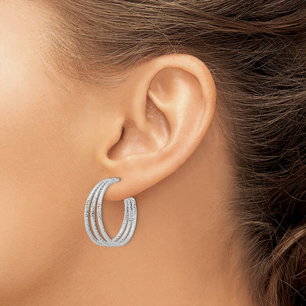 Sterling Silver Rh Plated Diamond Cut J Hoop Earrings
