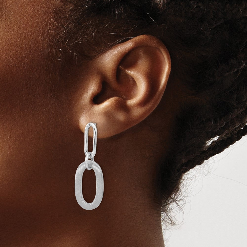 Sterling Silver Rh Plated Polished And Satin Oval Dangle Earrings
