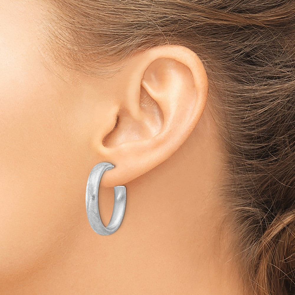 Sterling Silver Rhodium Plated Brushed J Hoop Post Earrings