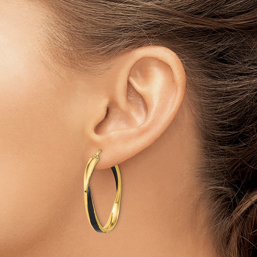 Sterling Silver Gold Tone With Black Enamel Hoop Earrings