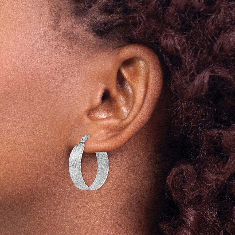Sterling Silver Rhodium Plated Textured Hoop Earrings