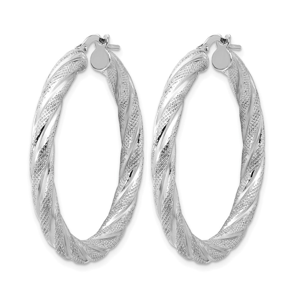 Sterling Silver Rh Plated Polished And Textured Round Hoops