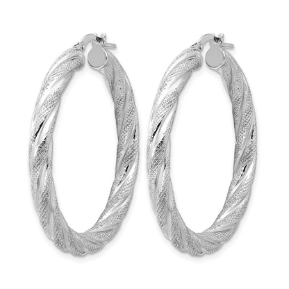 Sterling Silver Rh Plated Polished And Textured Round Hoops