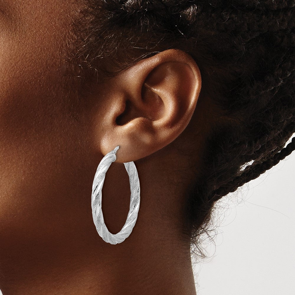 Sterling Silver Rh Plated Polished And Textured Round Hoops