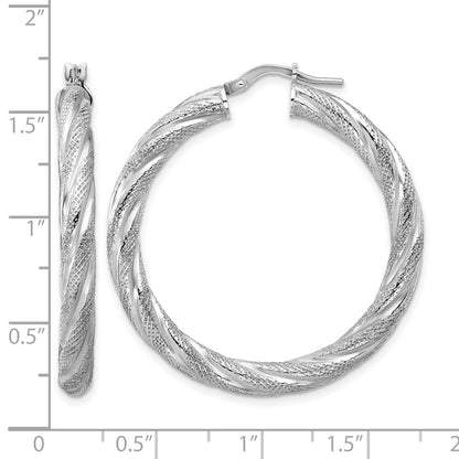 Sterling Silver Rh Plated Polished And Textured Round Hoops