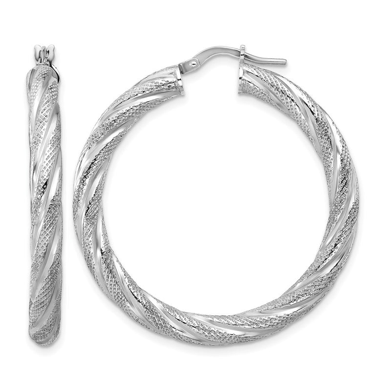 Sterling Silver Rh Plated Polished And Textured Round Hoops
