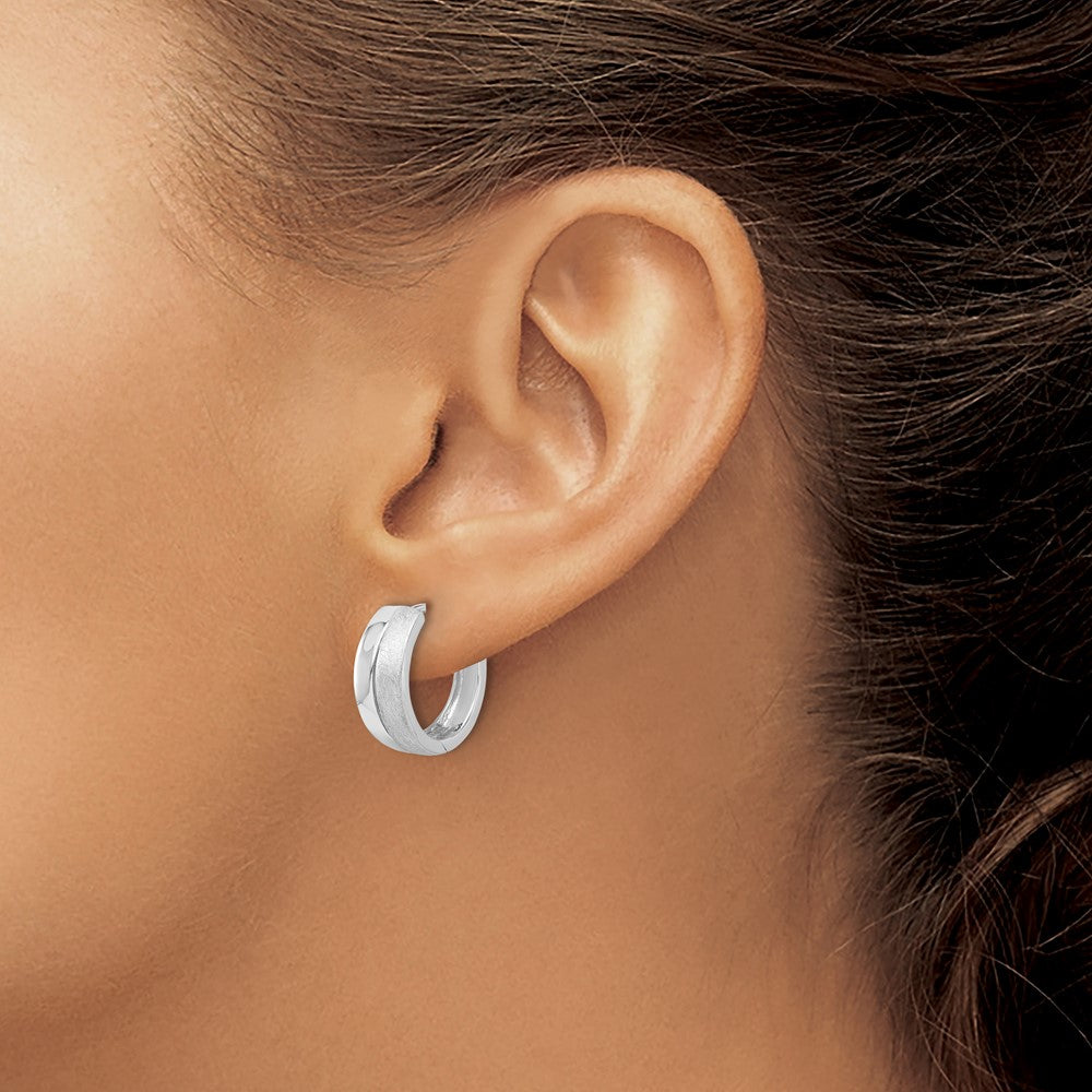 Sterling Silver Rh Plated Satin And Polished Hinged Hoop Earrings