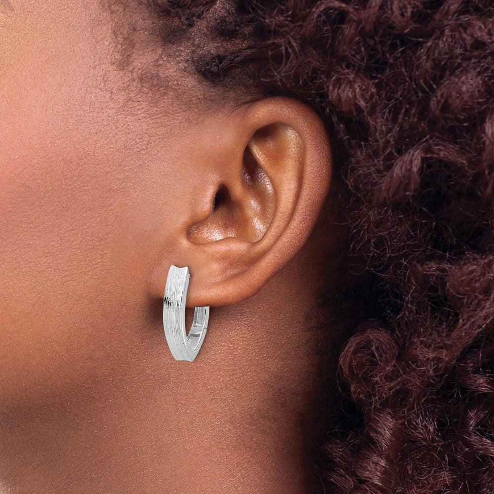 Sterling Silver Rhodium Plated And D/C Fancy Hinged Hoop Earrings