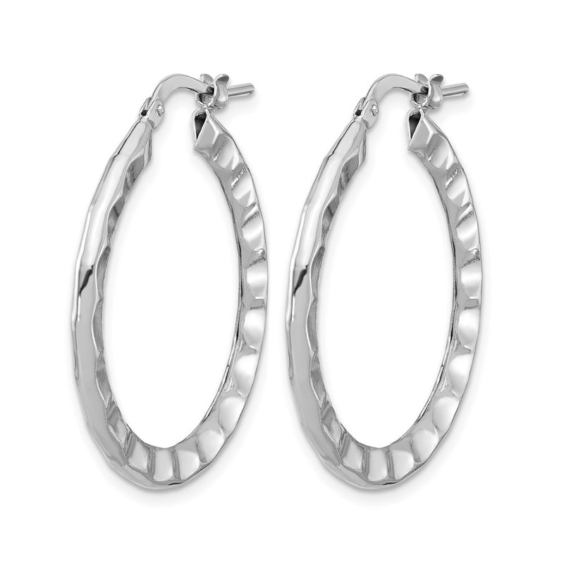 Sterling Silver Rh Plated Polished/Hammered Hoop Earrings