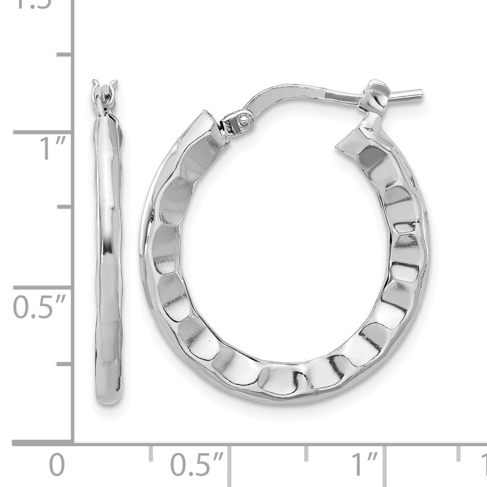 Sterling Silver Rh Plated Polished/Hammered Hoop Earrings