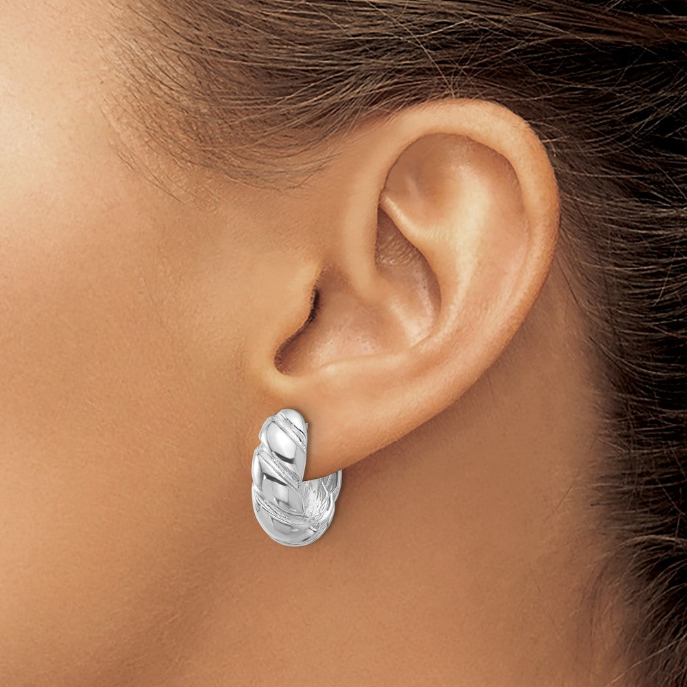 Sterling Silver Rh Plated Polished/Grooved Hollow J Hoop Earrings