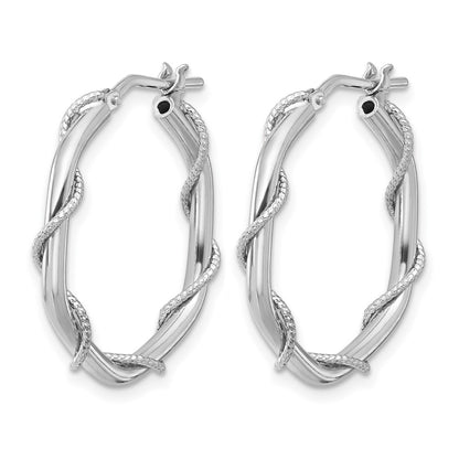 Sterling Silver Rh Plated Polished/Textured/Twisted Hoop Earrings