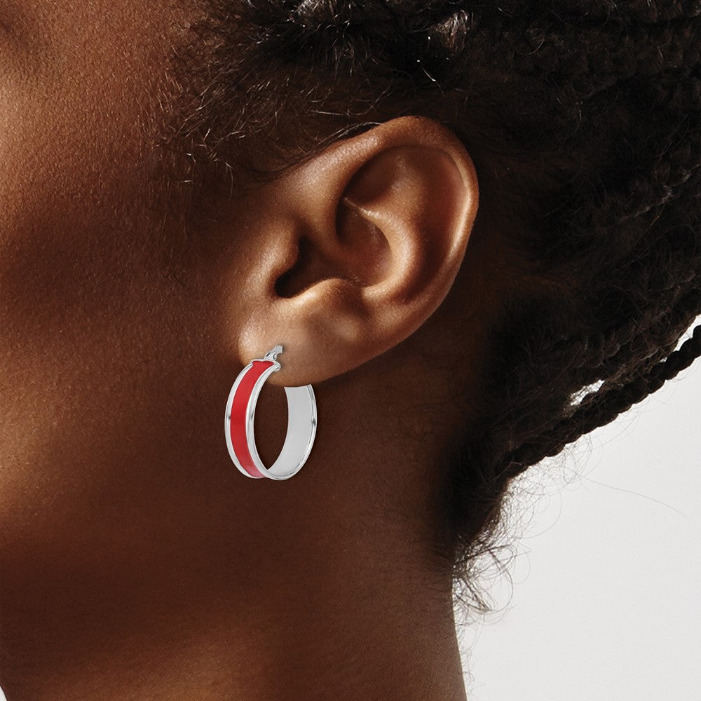 Sterling Silver Rh Plt Polished Red Enamel Round Hoop Earrings