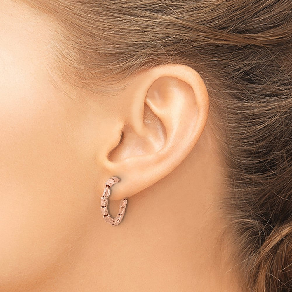 Rose Plated Sterling Silver Gold Plat Polished/Hammered J Hoop Earrings
