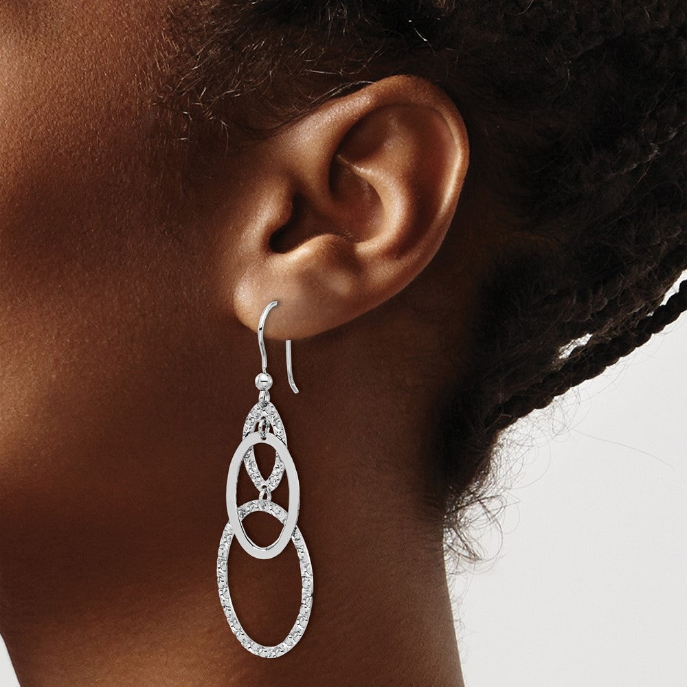 Sterling Silver Rh Plated Polished/Textured Ovals Dangle Earrings