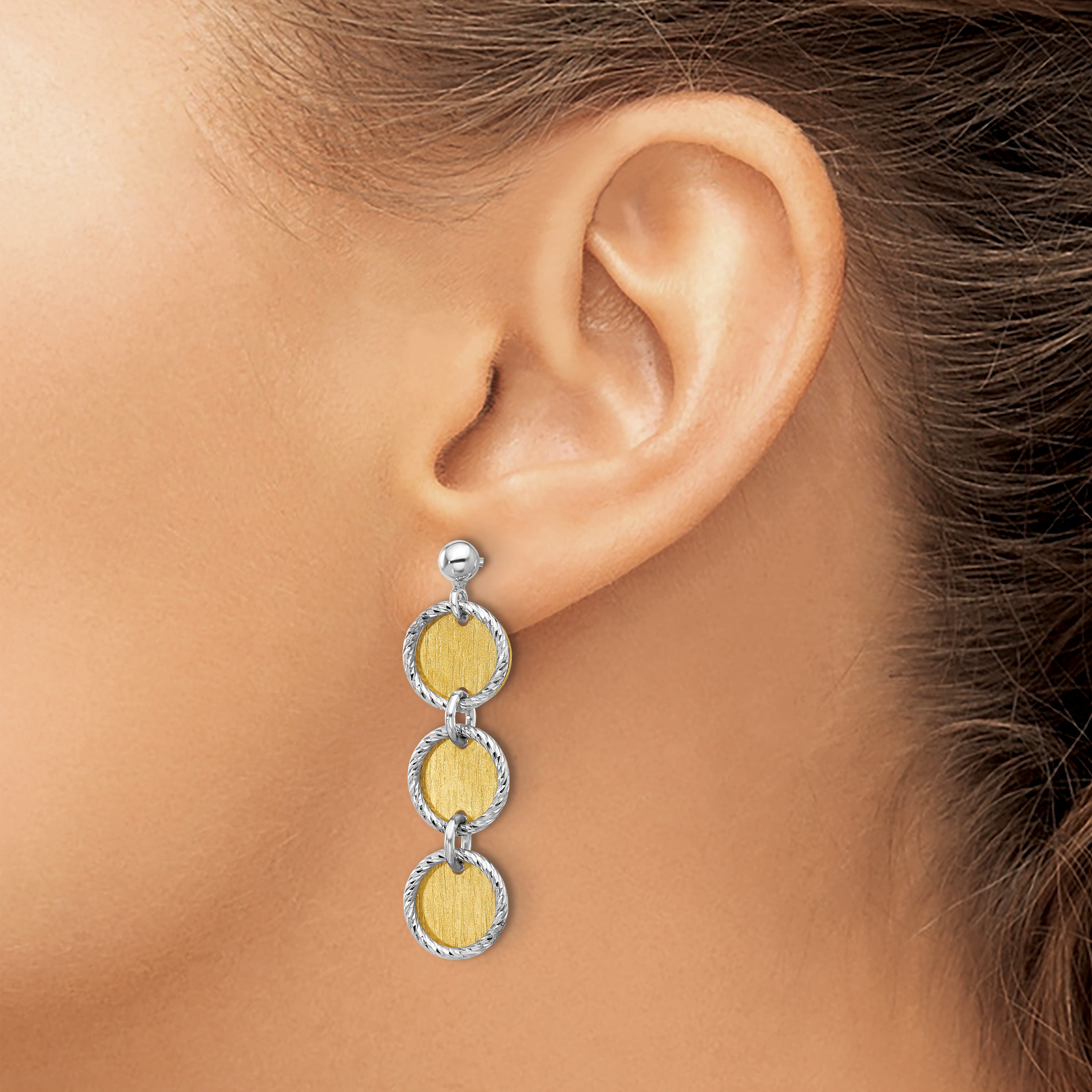 Sterling Silver Ss Rhodium/Gold Plated Polished/Brushed Circles Dangle Earrings