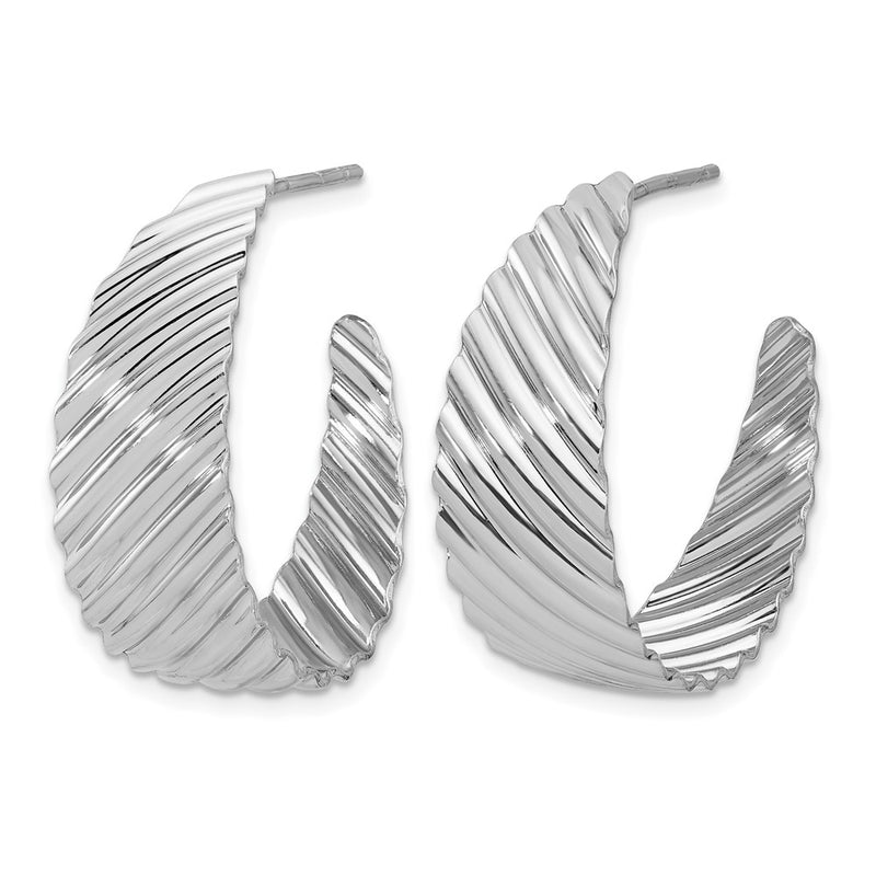 Sterling Silver Rh Plat Polished Grooved Left/Right J Hoop Earring