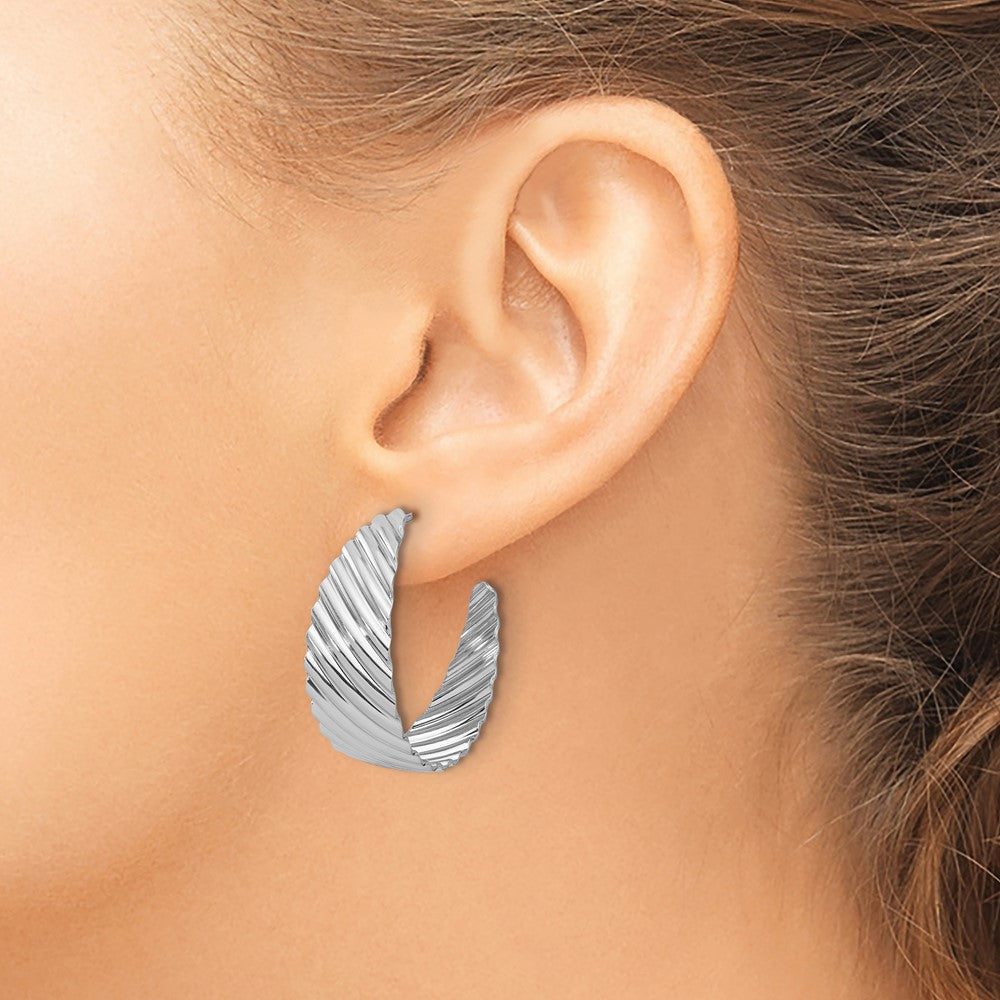Sterling Silver Rh Plat Polished Grooved Left/Right J Hoop Earring