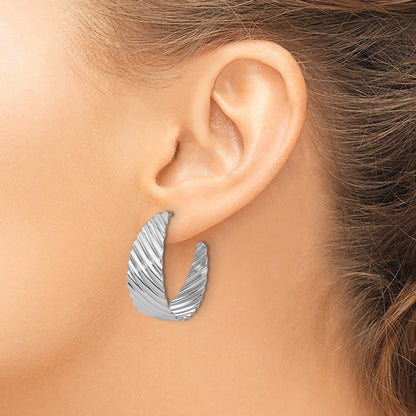 Sterling Silver Rh Plat Polished Grooved Left/Right J Hoop Earring
