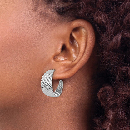 Sterling Silver Rh Plat Polished Grooved Left/Right J Hoop Earring
