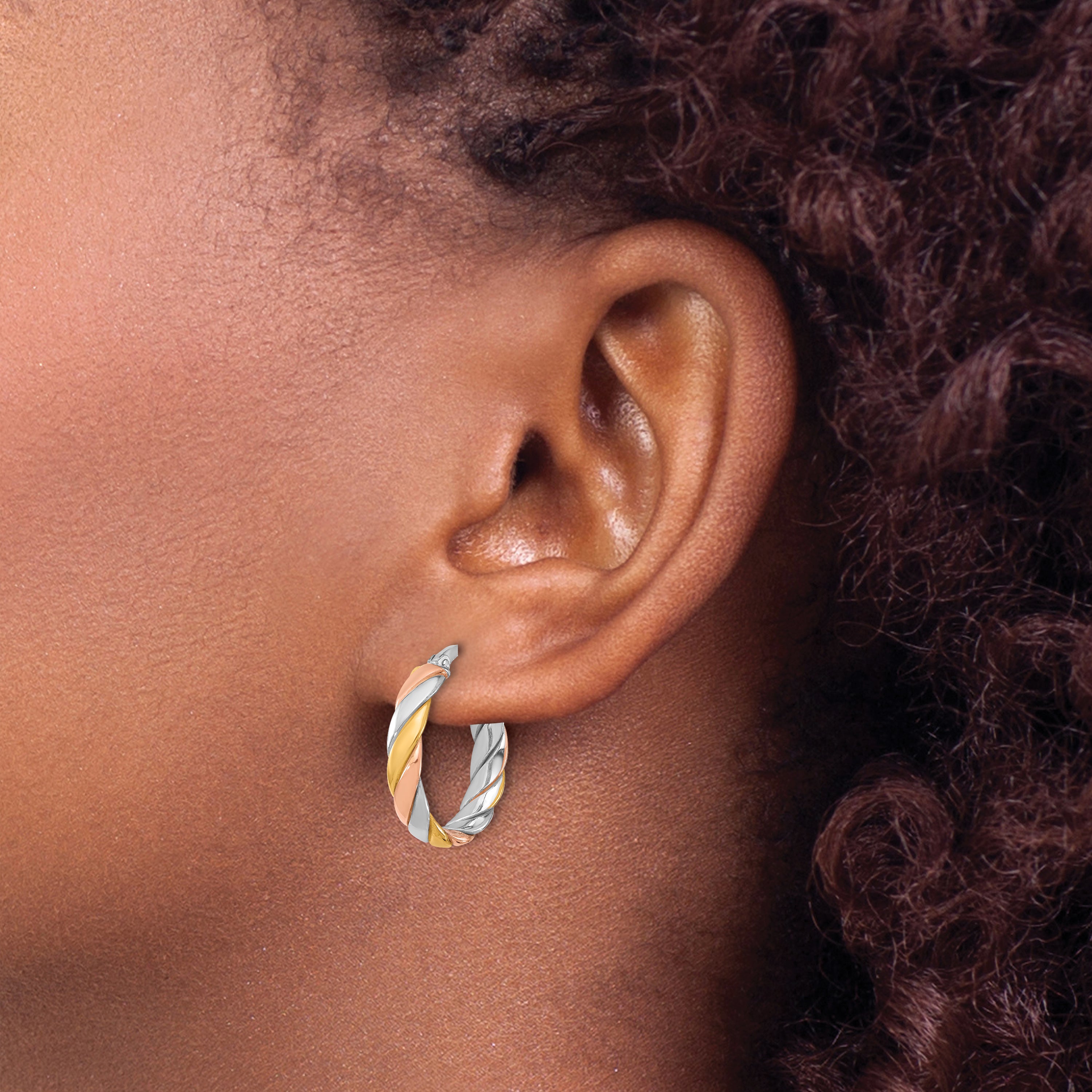 Sterling Silver Ss Rh Plated With Gold And Rose Tone Polished Hoop Earrings