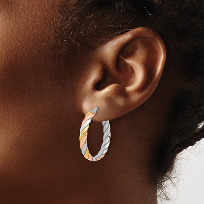Sterling Silver Ss Rh Plated With Gold And Rose Tone Polished Hoop Earrings