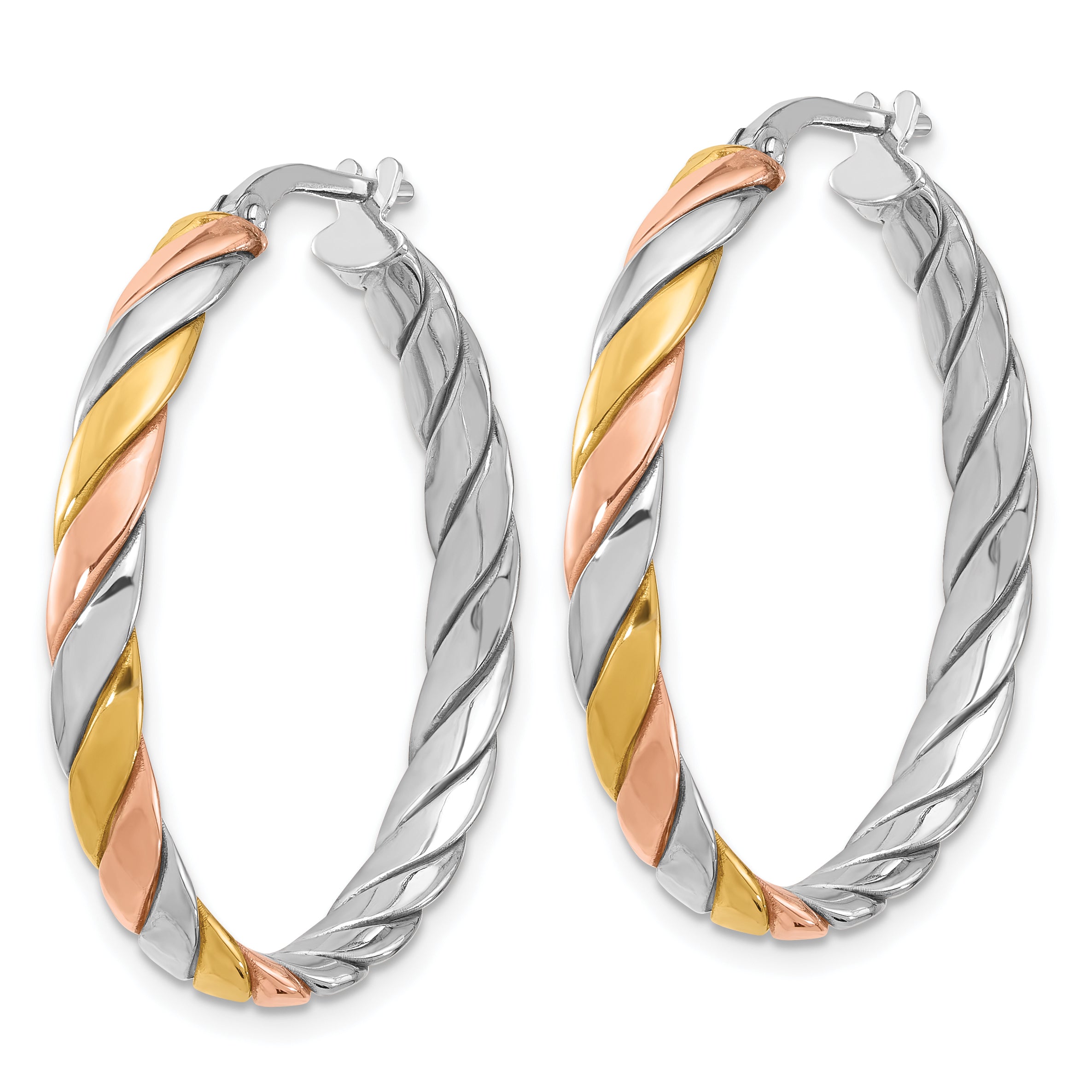 Sterling Silver Ss Rh Plated With Gold And Rose Tone Polished Hoop Earrings