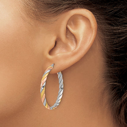 Sterling Silver Ss Rh Plated With Gold And Rose Tone Polished Hoop Earrings