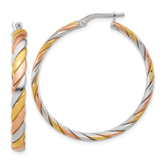 Sterling Silver Ss Rh Plated With Gold And Rose Tone Polished Hoop Earrings