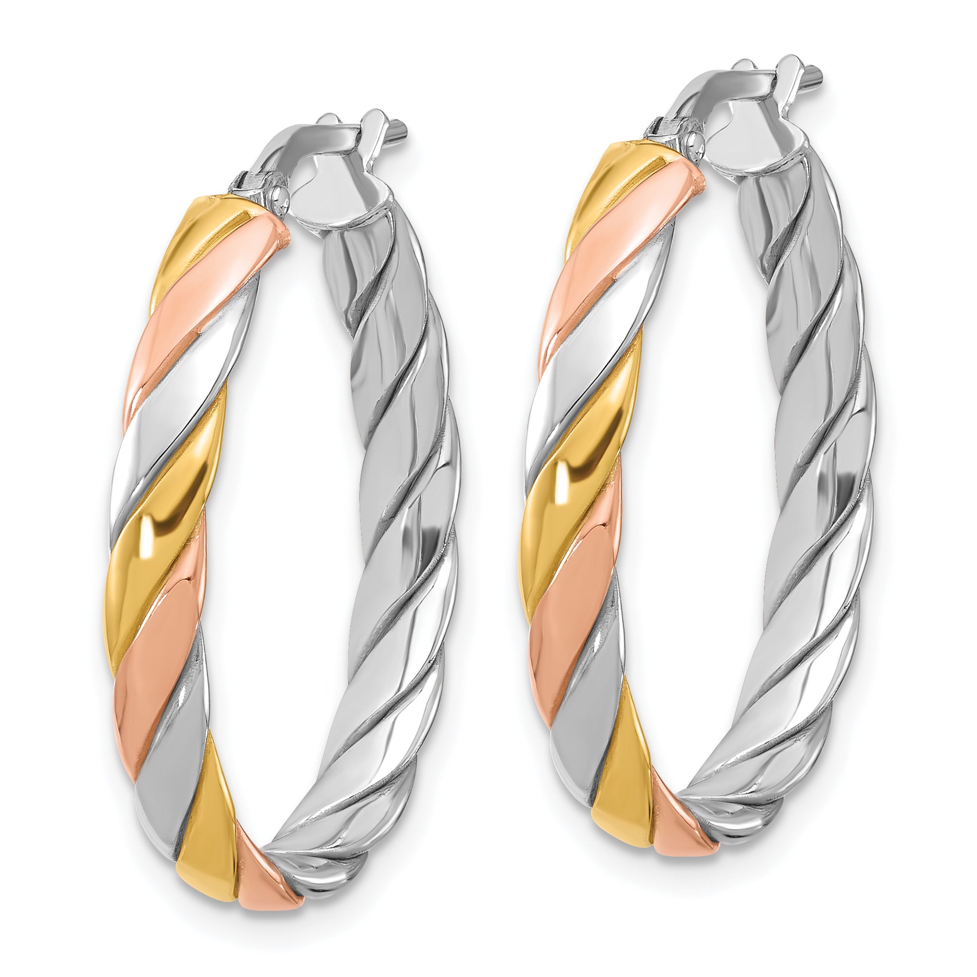 Sterling Silver Ss Rh Plated With Gold And Rose Tone Polished Hoop Earrings