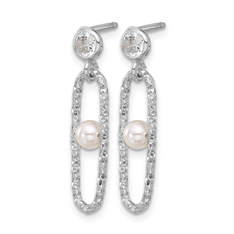 Sterling Silver Rhodium Plated Cz And Crystal Pearl Dangle Earring