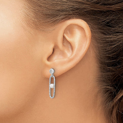 Sterling Silver Rhodium Plated Cz And Crystal Pearl Dangle Earring