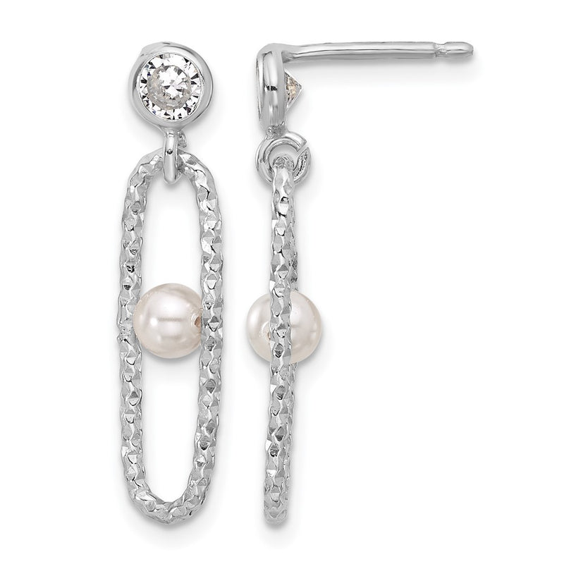 Sterling Silver Rhodium Plated Cz And Crystal Pearl Dangle Earring