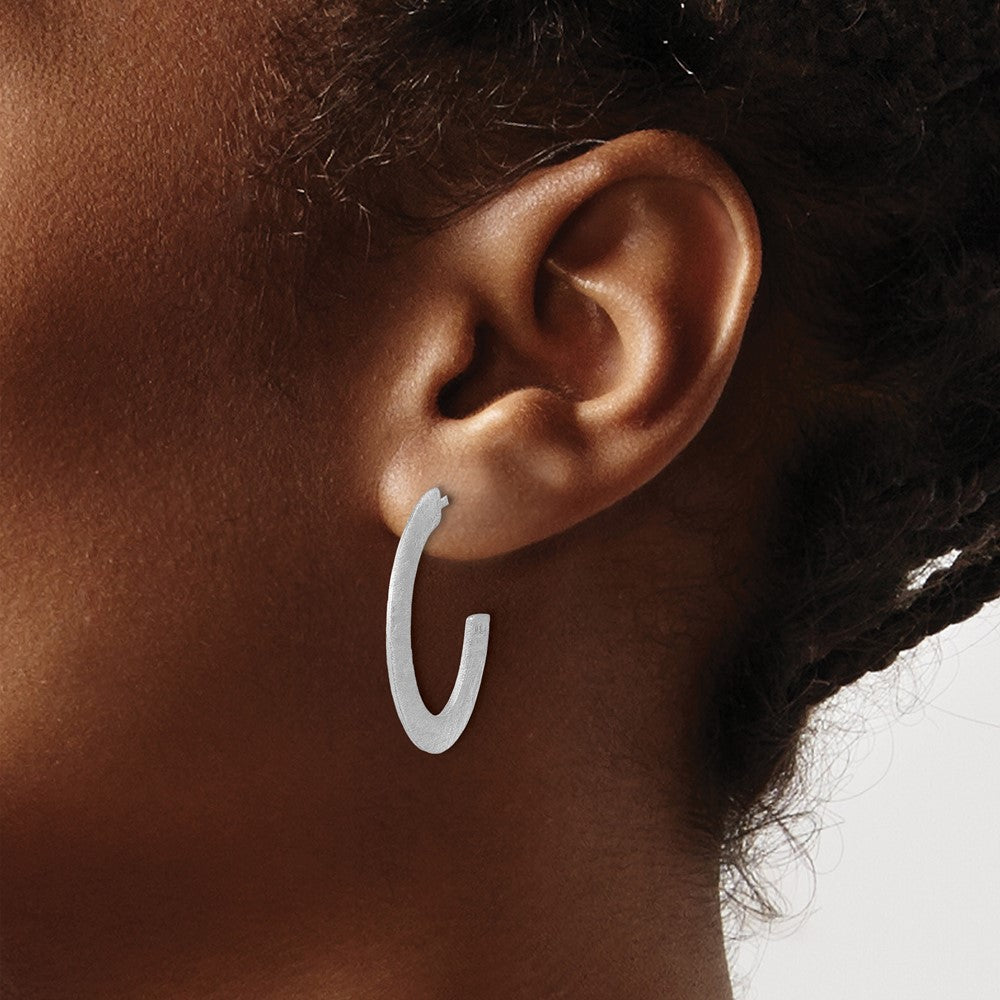 Sterling Silver Rh Plated Scratch Finish J Hoop Post Earrings