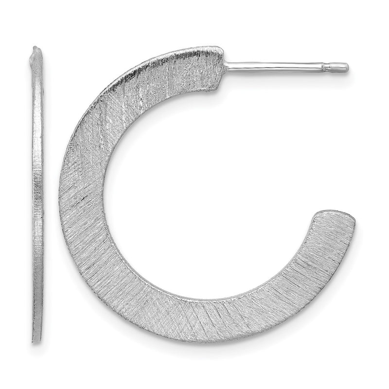 Sterling Silver Rh Plated Scratch Finish J Hoop Post Earrings