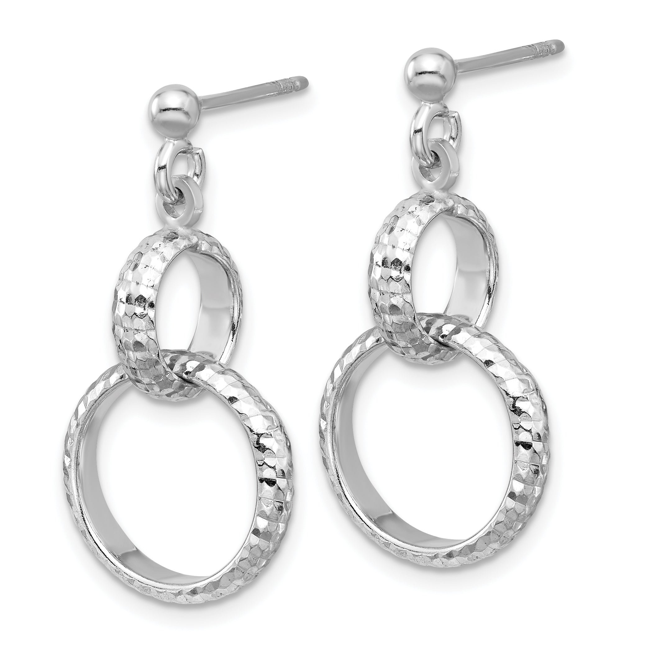 Sterling Silver Ss Rh Plat Polished / Dia Cut Circle Link Dangle Post Earrings