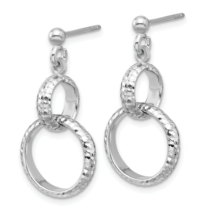 Sterling Silver Ss Rh Plat Polished / Dia Cut Circle Link Dangle Post Earrings