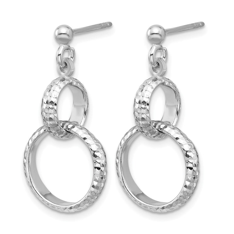 Sterling Silver Ss Rh Plat Polished / Dia Cut Circle Link Dangle Post Earrings