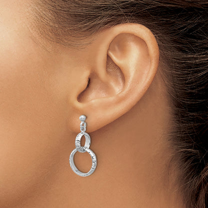 Sterling Silver Ss Rh Plat Polished / Dia Cut Circle Link Dangle Post Earrings