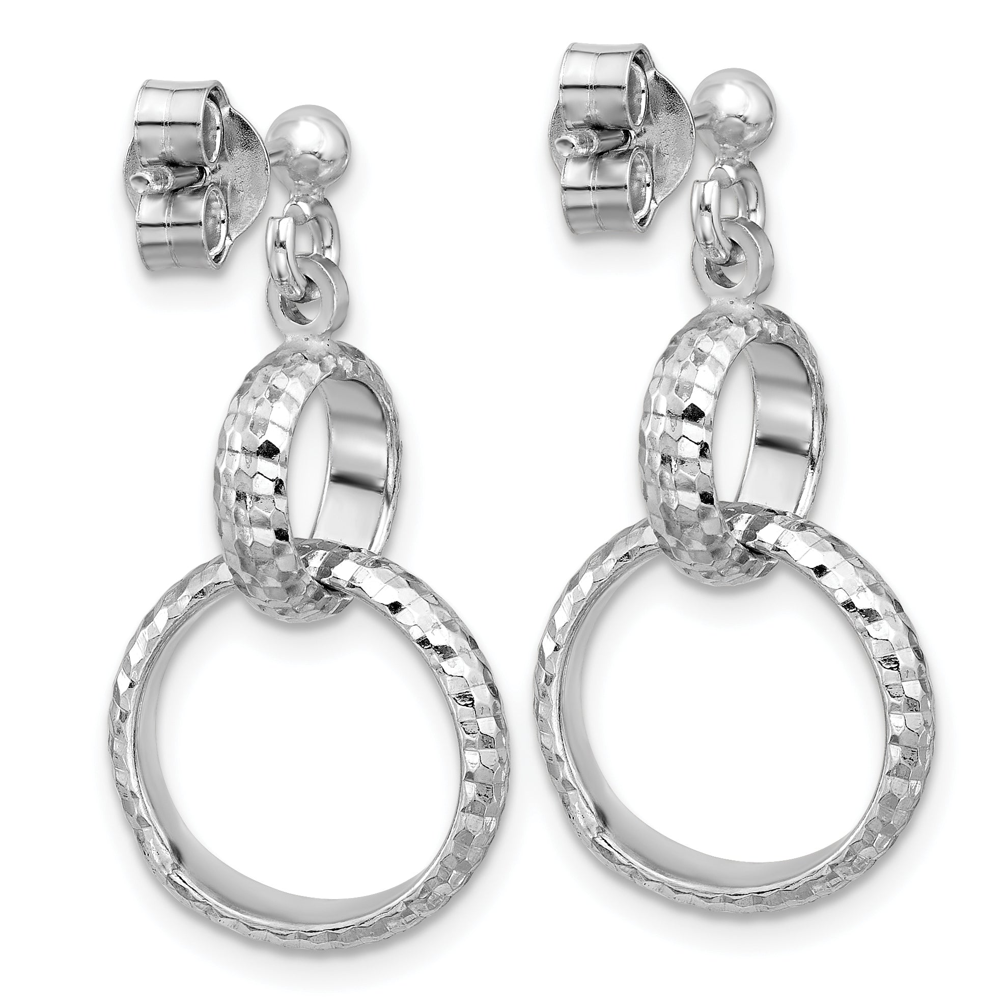 Sterling Silver Ss Rh Plat Polished / Dia Cut Circle Link Dangle Post Earrings