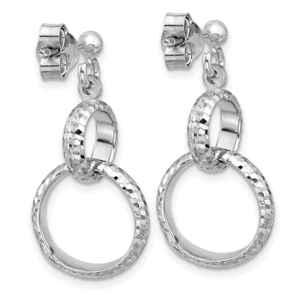 Sterling Silver Ss Rh Plat Polished / Dia Cut Circle Link Dangle Post Earrings