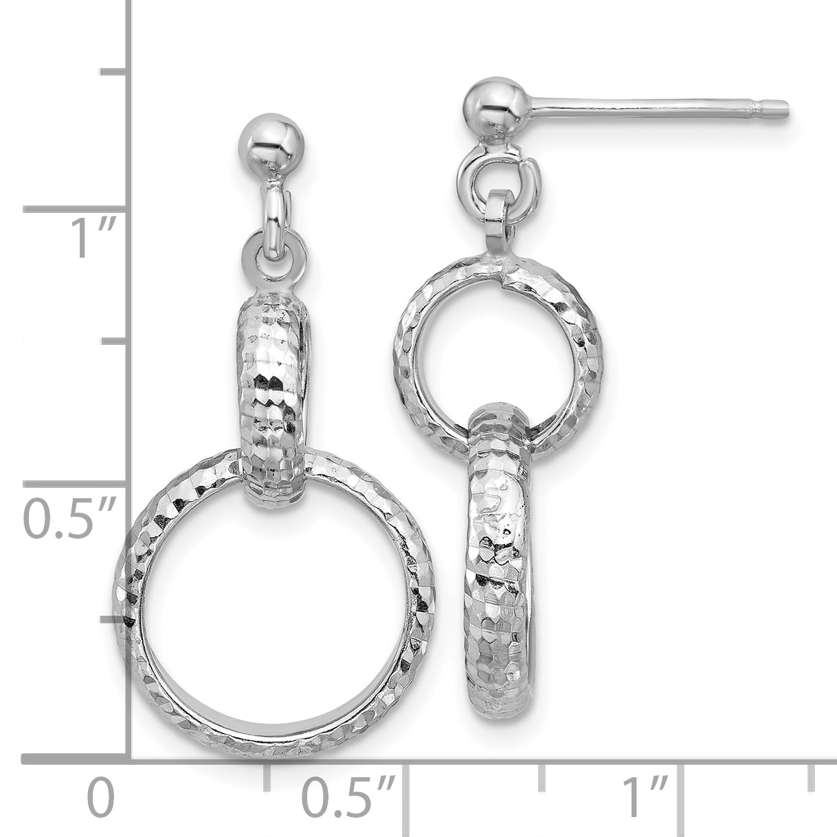 Sterling Silver Ss Rh Plat Polished / Dia Cut Circle Link Dangle Post Earrings