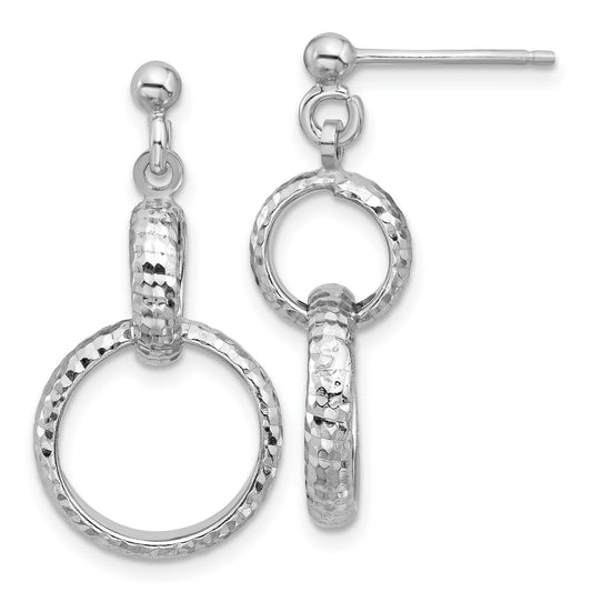 Sterling Silver Ss Rh Plat Polished / Dia Cut Circle Link Dangle Post Earrings