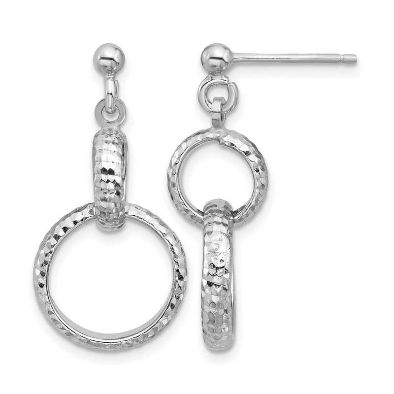 Sterling Silver Ss Rh Plat Polished / Dia Cut Circle Link Dangle Post Earrings